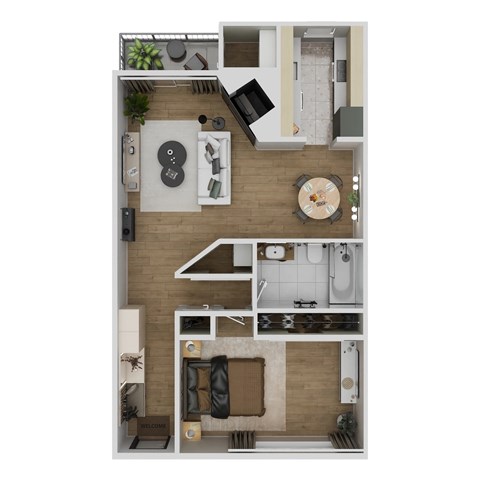 Floor plan for 1 bed, 1 bath, 650 sqft